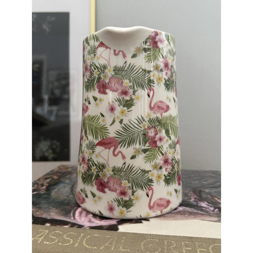 Grace Fine Porcelain Flamingo Pitcher W/ A Tropical Palms & Hibiscus Desig - Picture 3 of 6